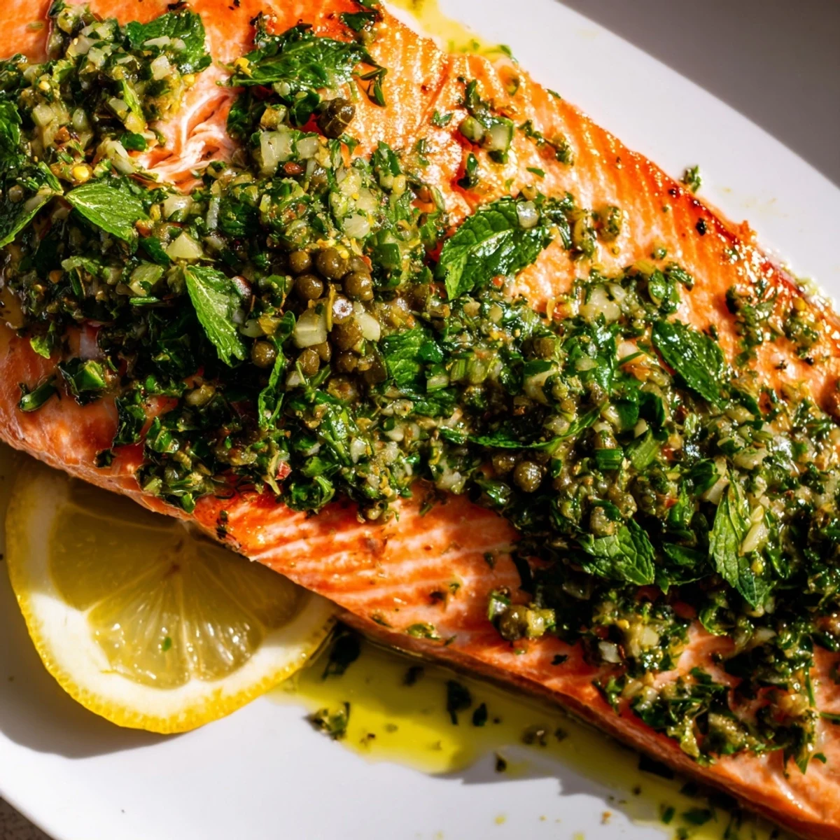 Golden-brown baked salmon fillets topped with a bright green, herbaceous salsa verde and lemon slices on a rustic plate.  