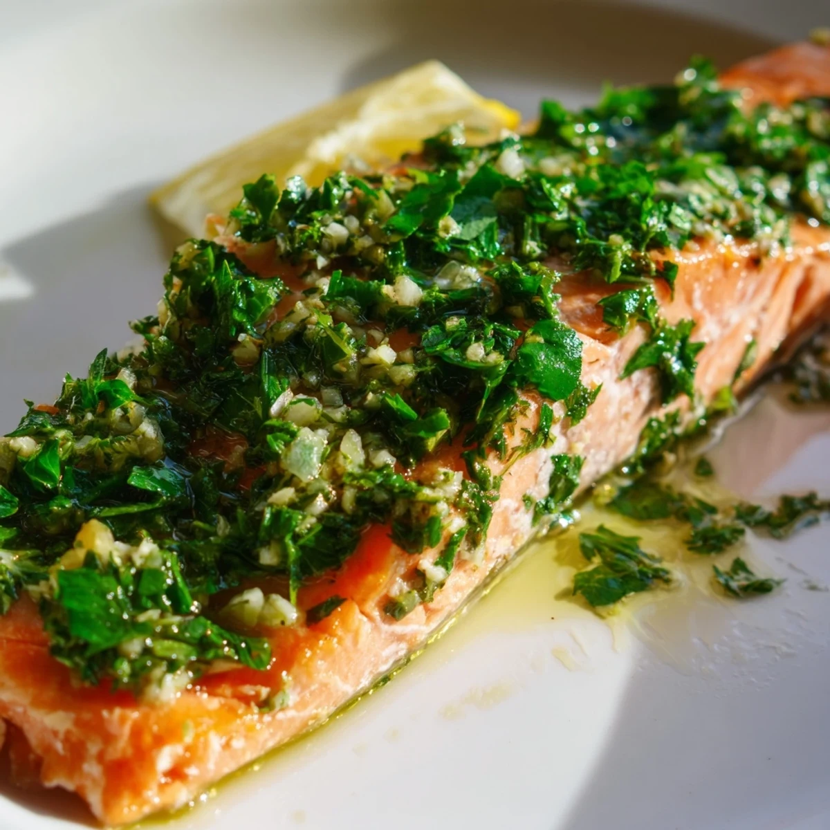 Succulent baked salmon with salsa verde garnished with fresh parsley, capers, and olive oil, ready for a gluten-free dinner.  