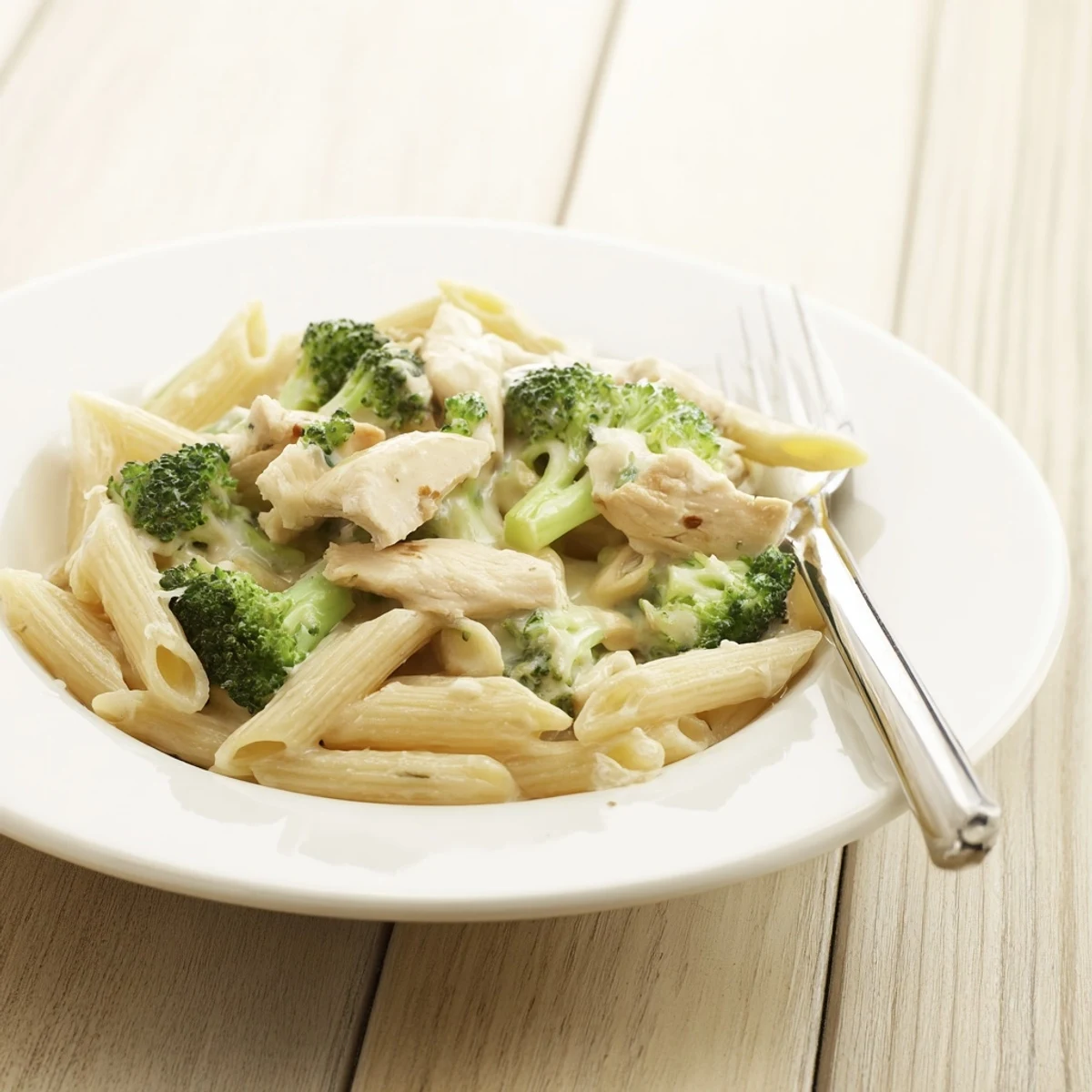 Creamy Broccoli Pasta with Chicken served hot, featuring penne and tender chicken pieces coated in a velvety Parmesan sauce with bright green broccoli florets.  
