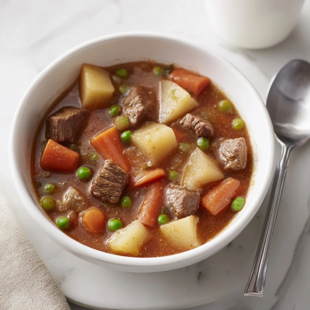 Steaming Slow Cooker Beef and Vegetable Stew served in a rustic bowl, featuring tender beef, carrots, and potatoes, perfect for a cozy American family dinner.