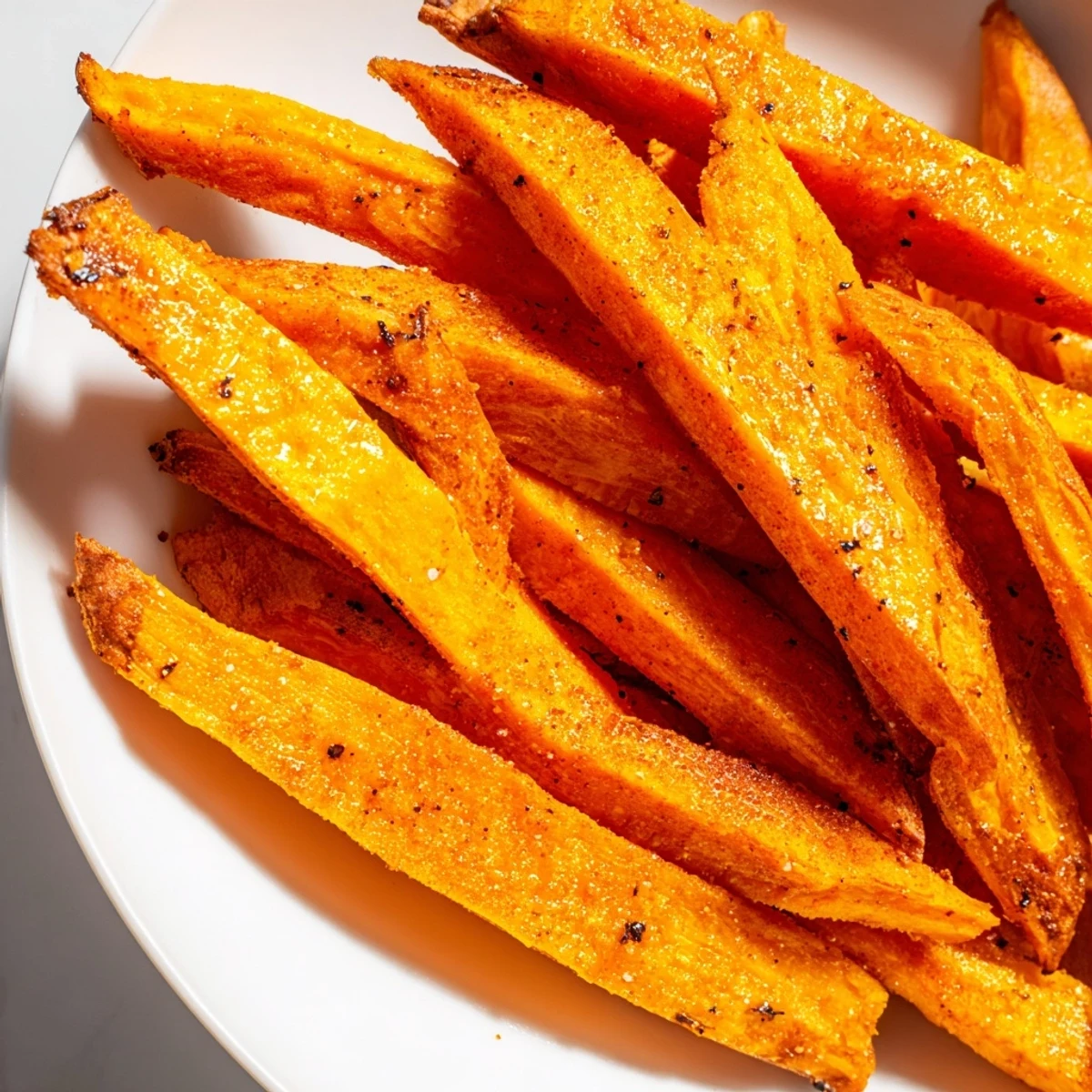 Freshly cooked Crispy Air Fryer Sweet Potato Fries garnished with sea salt and smoked paprika seasoning.