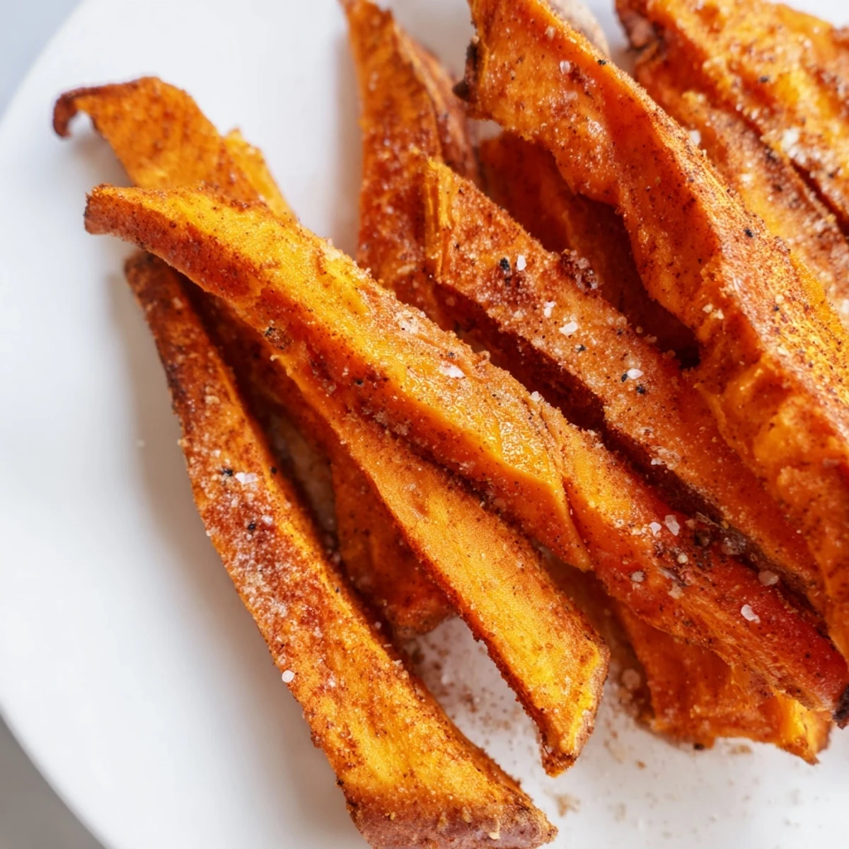 Close-up of seasoned Air Fryer Sweet Potato Fries highlighting their crunchy texture and tender orange interiors. 