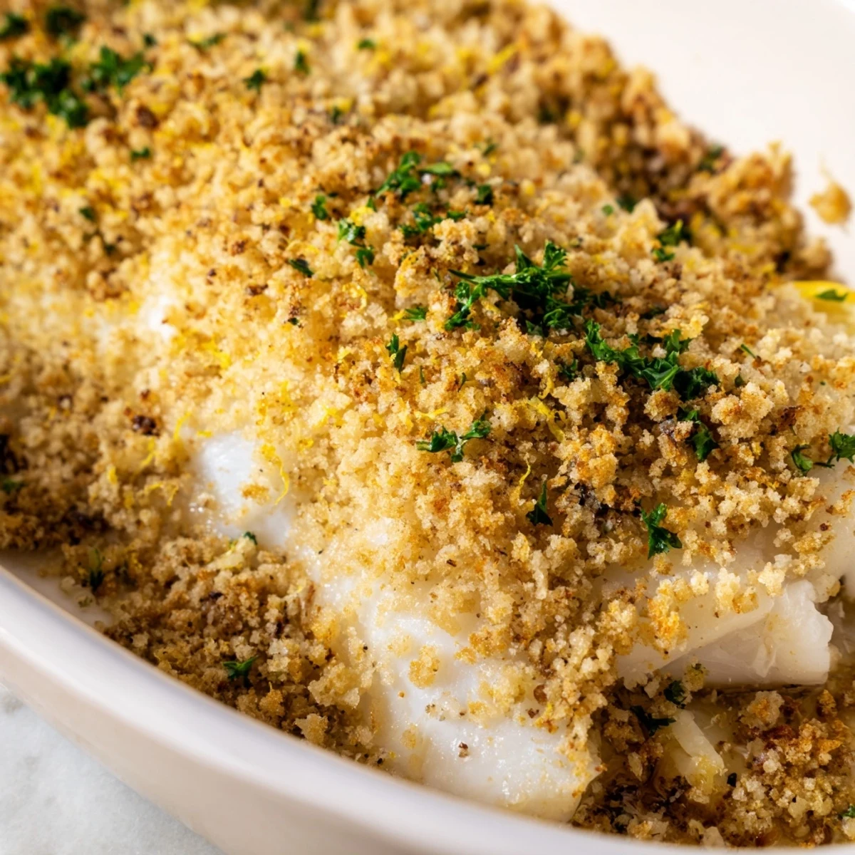 Golden-brown Baked Cod with Cracker Crumb Topping rests on a white plate with fresh lemon wedges.
