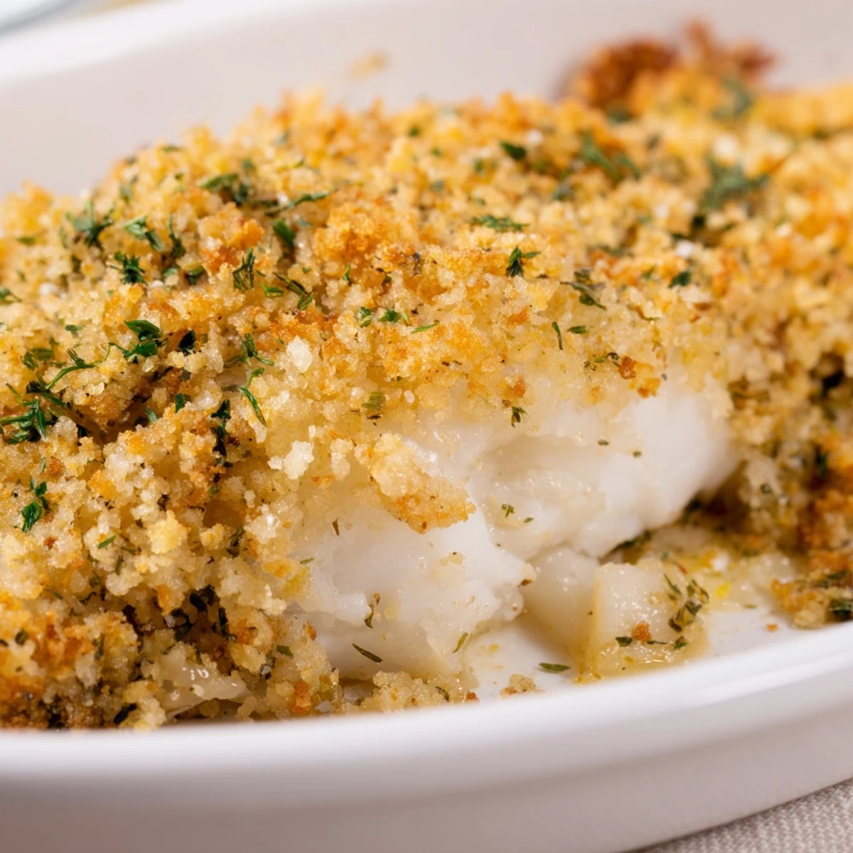 A close-up of Baked Cod with Cracker Crumb Topping shows flaky fish beneath a buttery, crunchy crust.
