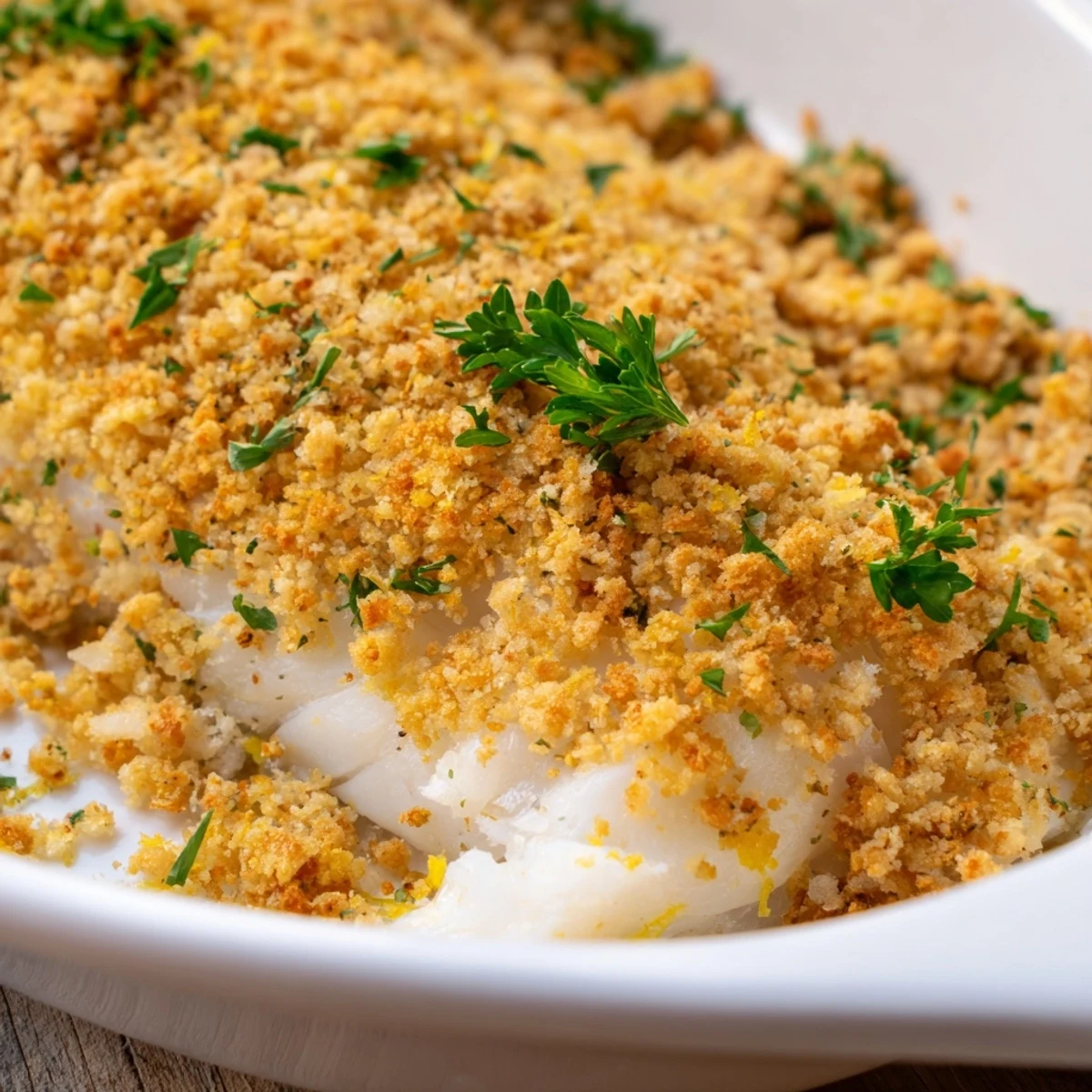 This Baked Cod with Cracker Crumb Topping is served with steamed vegetables for a healthy dinner.