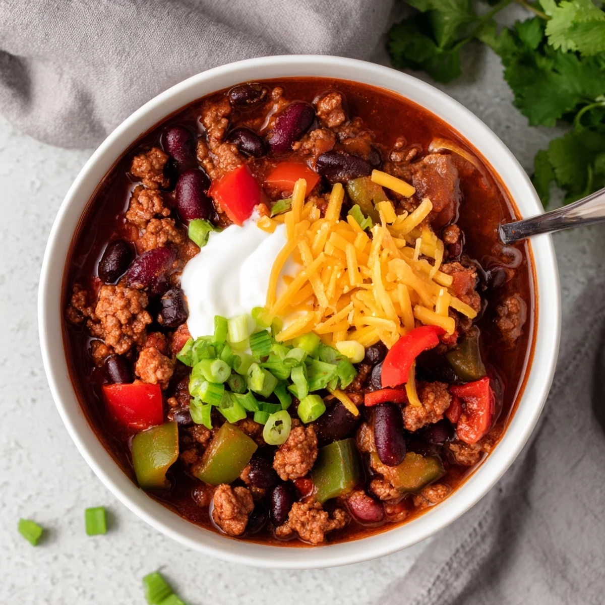 A close-up of Slow Cooker Chili with Ground Beef, featuring tender beans and rich, steaming tomato broth in a rustic bowl.
