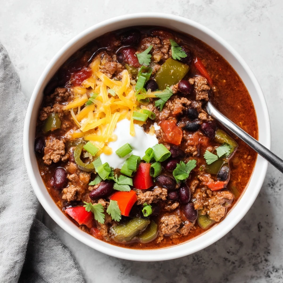 Steam rises from this comforting Slow Cooker Chili with Ground Beef, highlighting the hearty meat, tomatoes, and spices in the pot.
