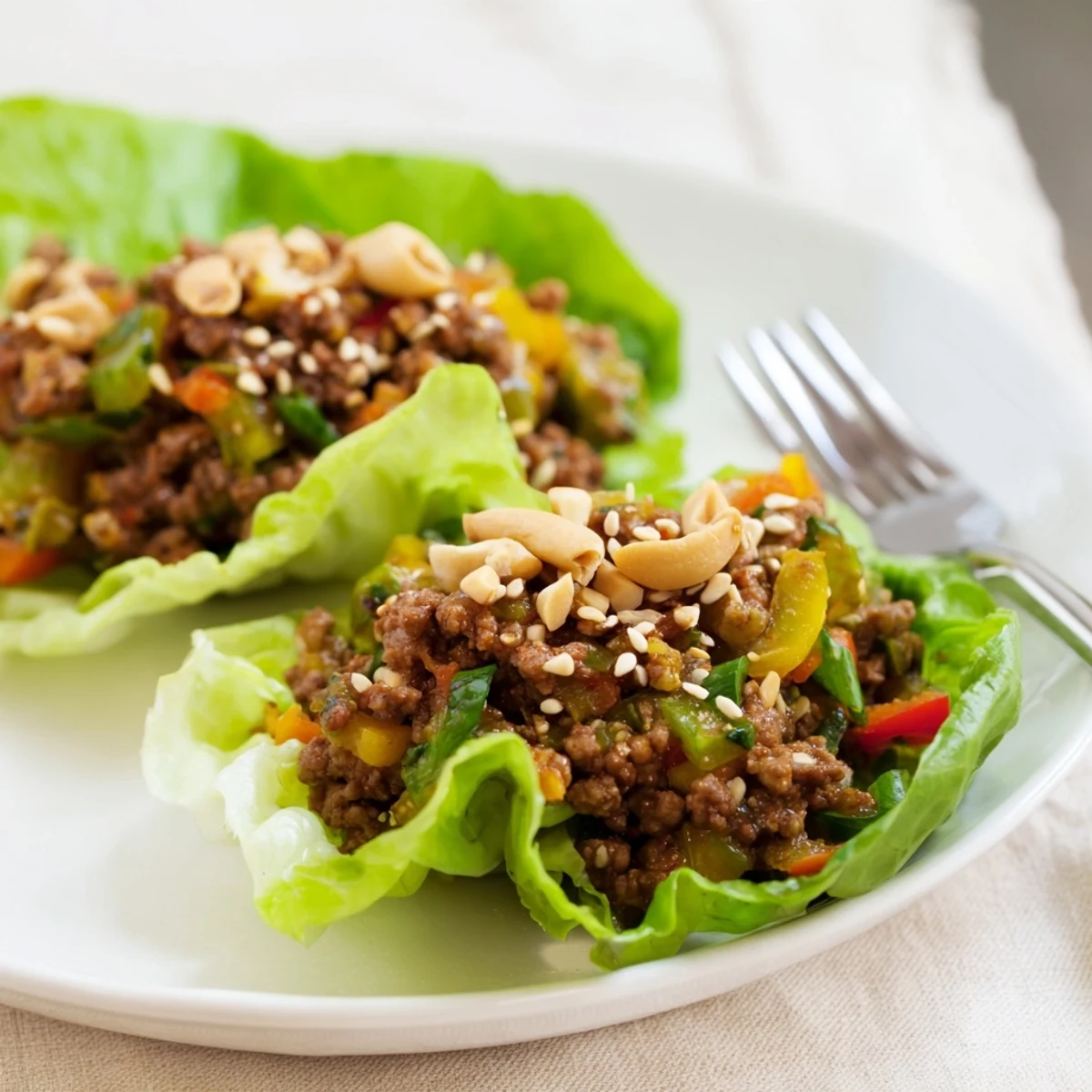 Crisp butter lettuce leaves filled with savory hoisin beef, garnished with fresh green onions and sesame seeds for a flavorful bite.