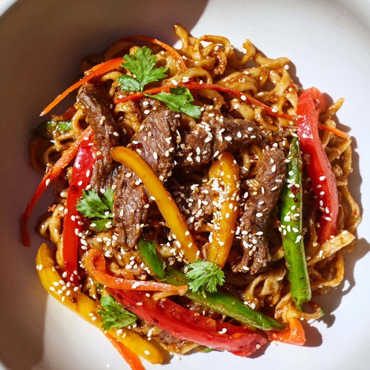 A close-up shows tender beef, colorful veggies, and glistening noodles, garnished with fresh cilantro and sesame seeds for a family dinner.  
