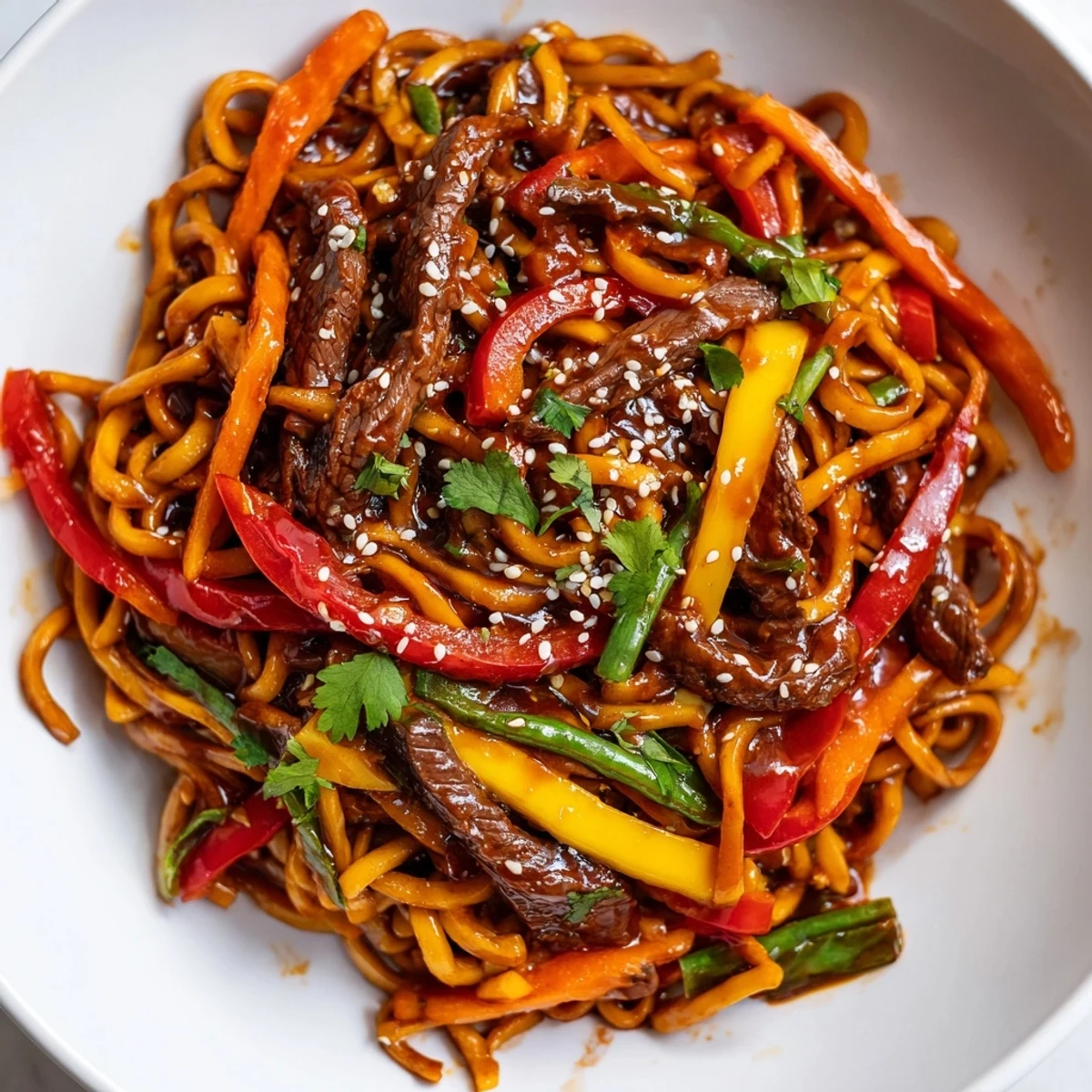 Vibrant red and yellow peppers, snap peas, and julienned carrots mingle with noodles and spicy beef in this stir-fry recipe, ready to serve.
