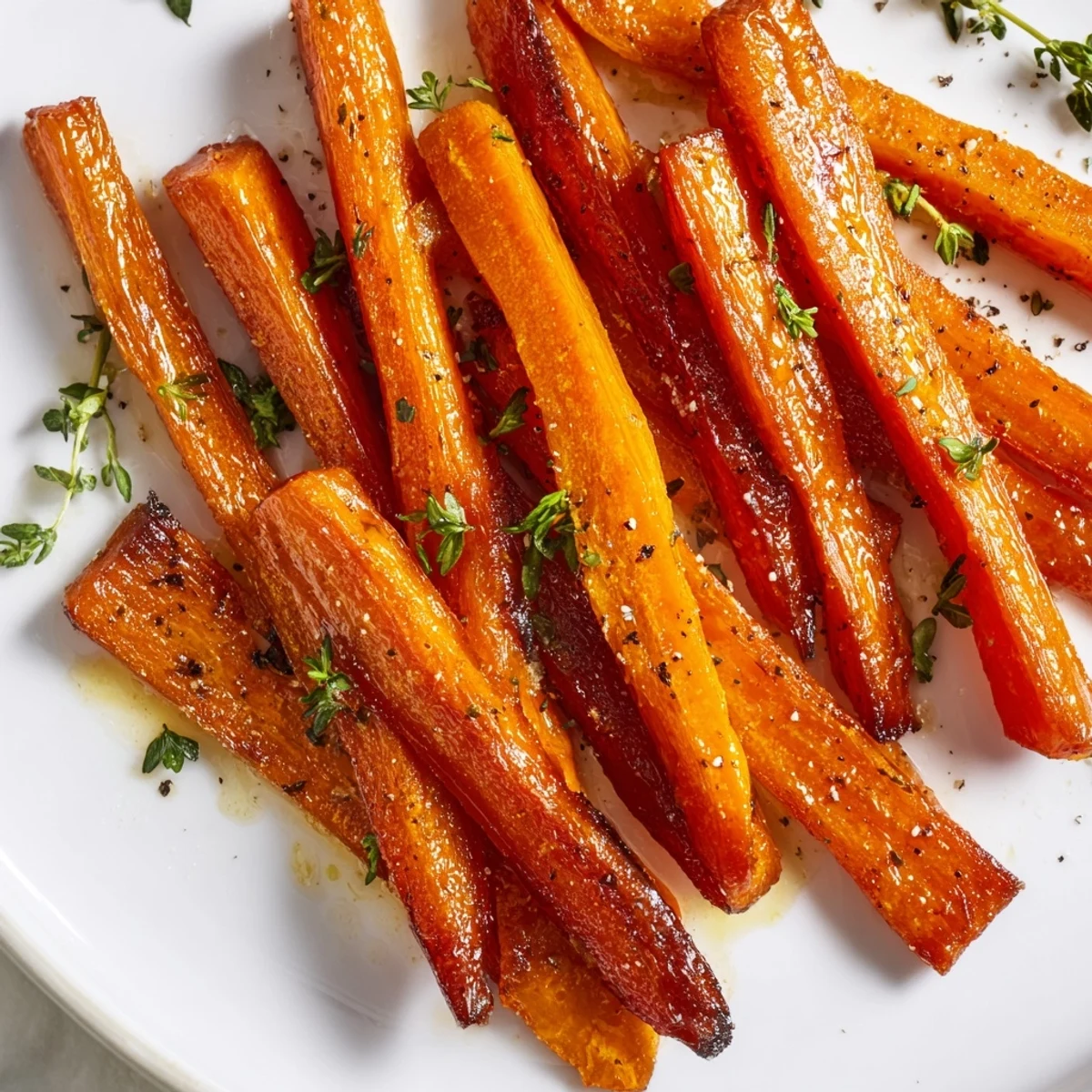 Tender, caramelized Roasted Carrots with Honey and Thyme come straight from the oven, served warm alongside a main course.