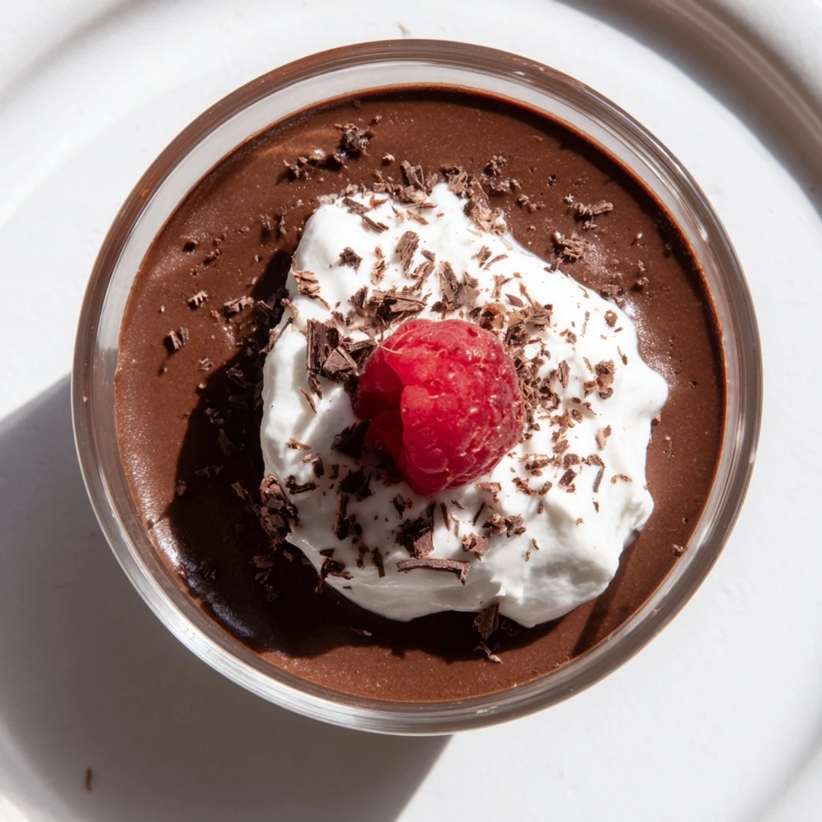 Freshly whipped cream on rich chocolate mousse garnished with berries for an elegant dessert.