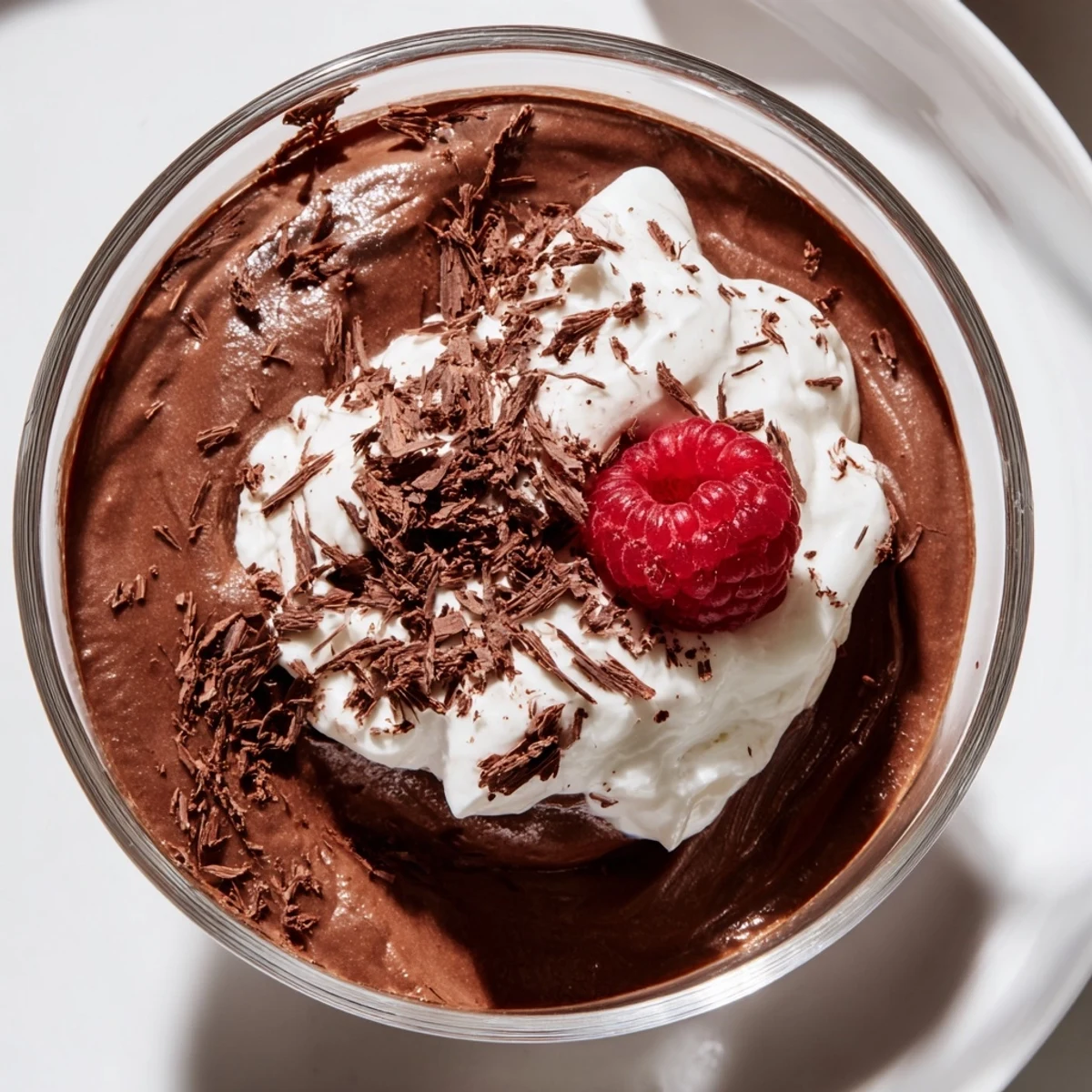 Chilled chocolate mousse with fluffy whipped cream, perfect for a dinner party dessert.