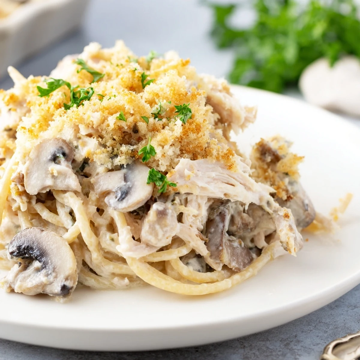 Golden Turkey Tetrazzini pasta bake fresh from the oven with a crispy, buttery breadcrumb and Parmesan topping.