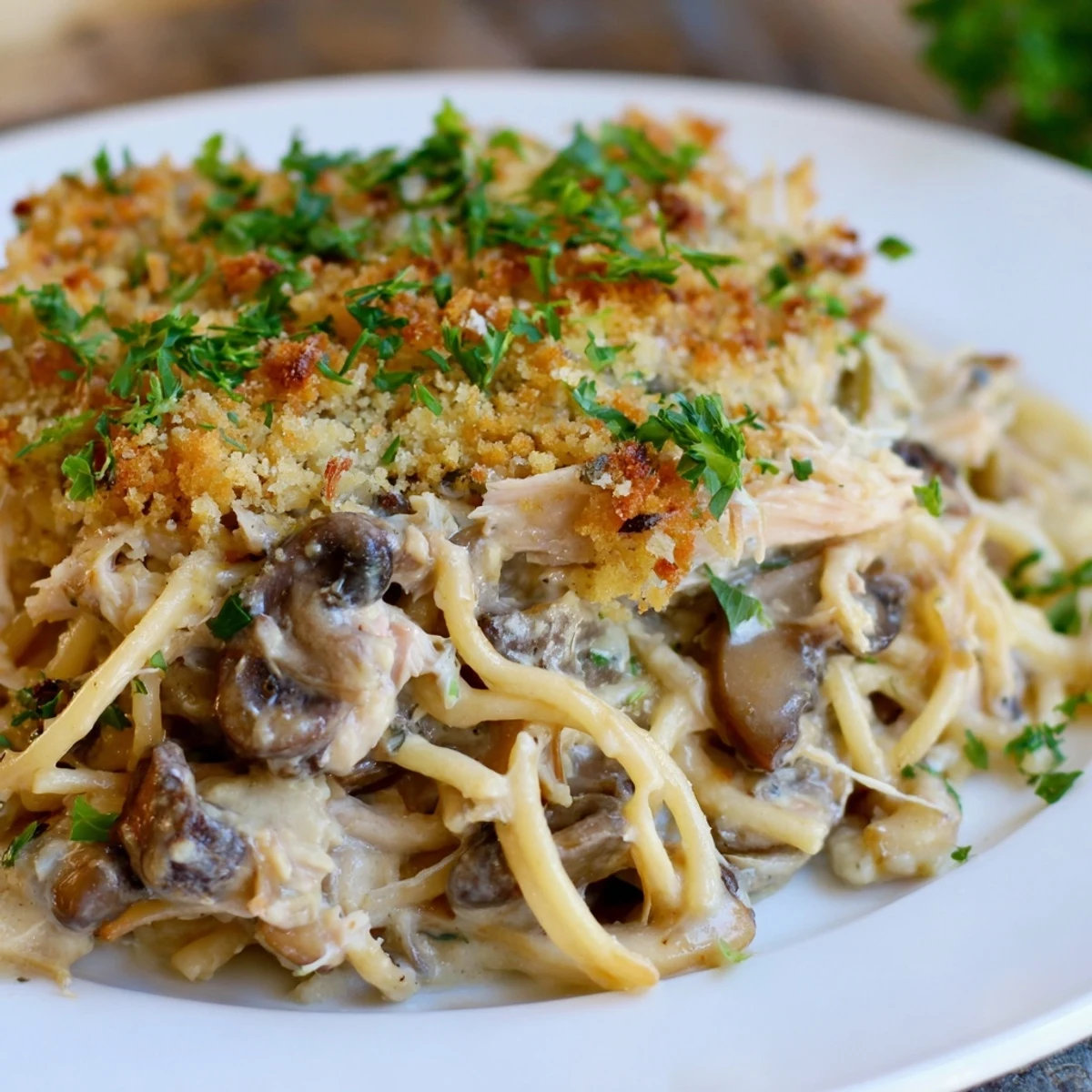 A hearty American casserole dish featuring spaghetti, tender turkey pieces, and sautéed mushrooms in a rich white cream sauce.