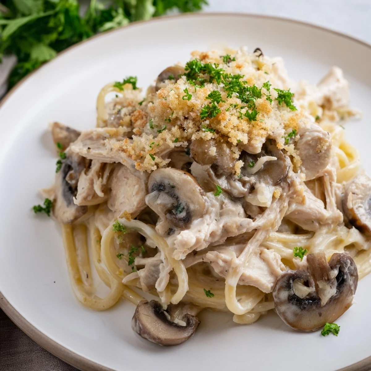 Cheesy Turkey Tetrazzini served in a rustic bowl, garnished with fresh parsley and ready for a comforting family dinner.