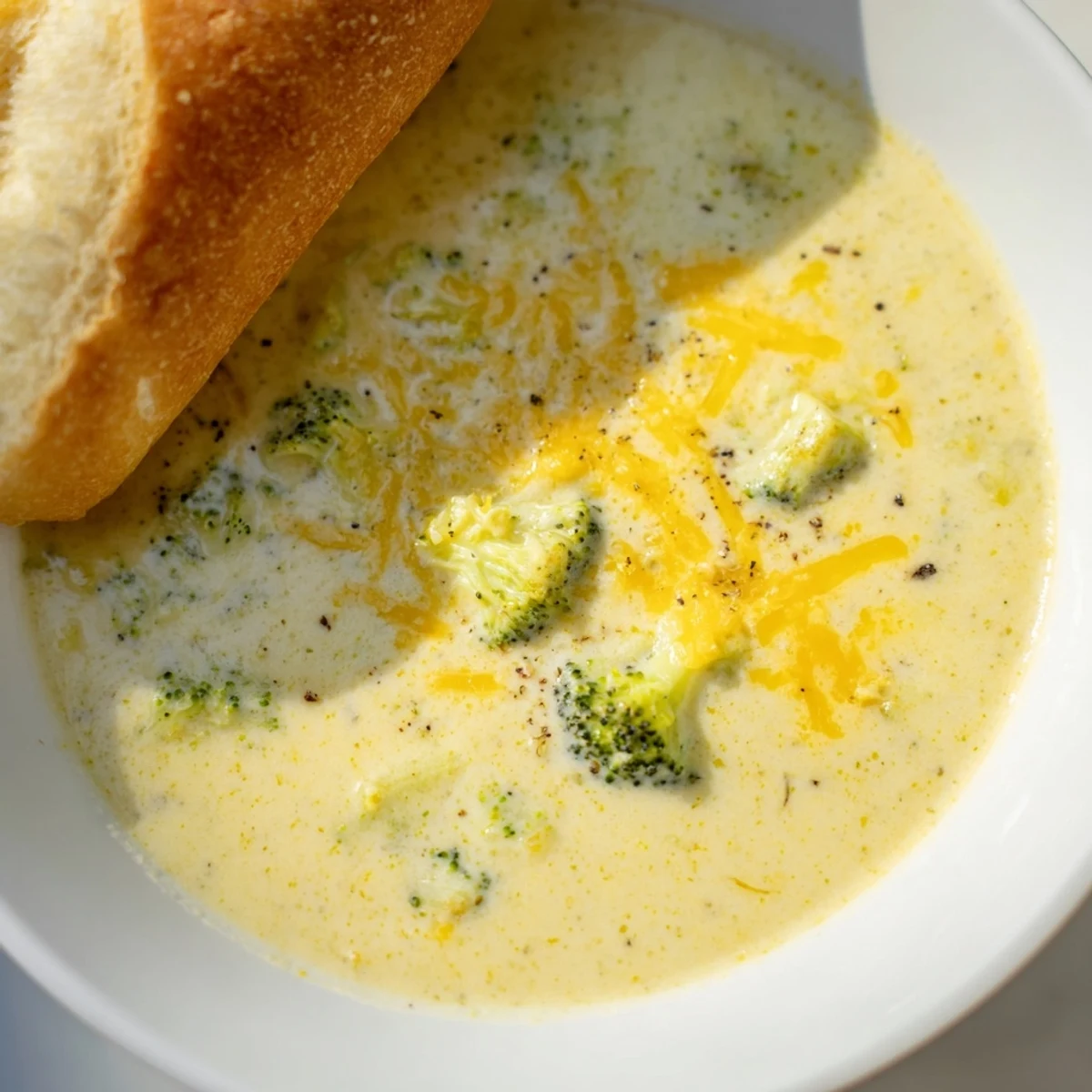 A bowl of creamy broccoli cheddar soup topped with melted sharp cheddar, served with warm crusty bread on a wooden table.  