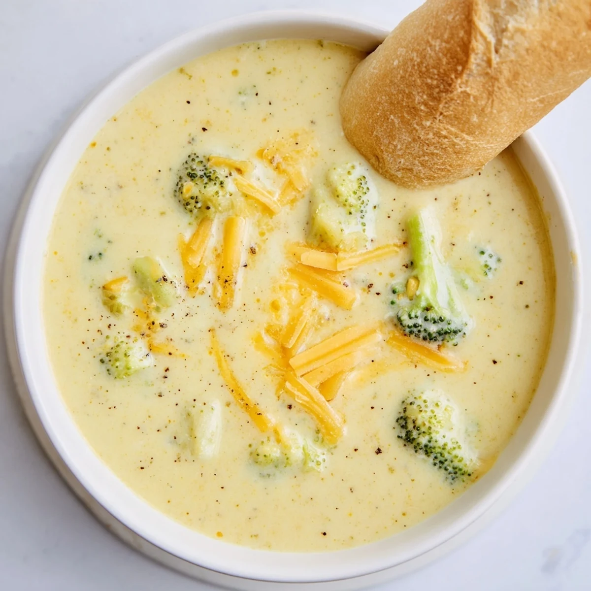 Rich, homemade broccoli cheddar soup in a rustic bowl next to fresh crusty bread, perfect for a cozy lunch.