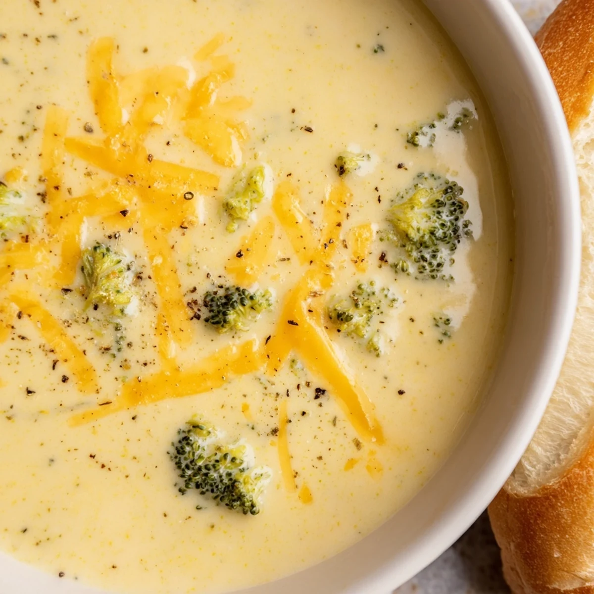 Steaming broccoli cheddar soup with tender florets and thick melted cheese, accompanied by a slice of golden, buttery bread.  