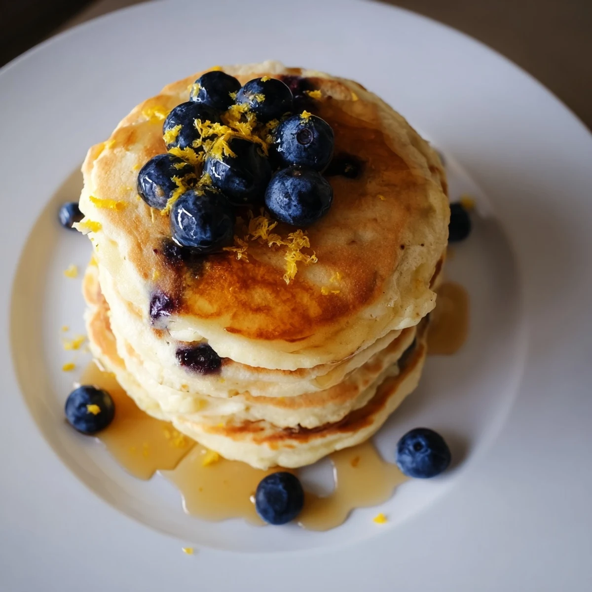 Golden brown Lemon Blueberry Pancakes with Syrup sizzling on a griddle, lemon zest and blueberries visible in each fluffy layer.  