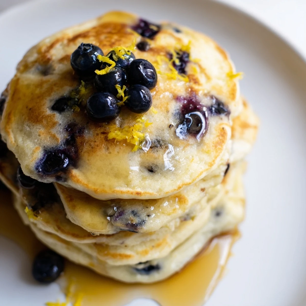 Close-up of Lemon Blueberry Pancakes with Syrup being poured over, showing syrup dripping down the stack onto a rustic plate.