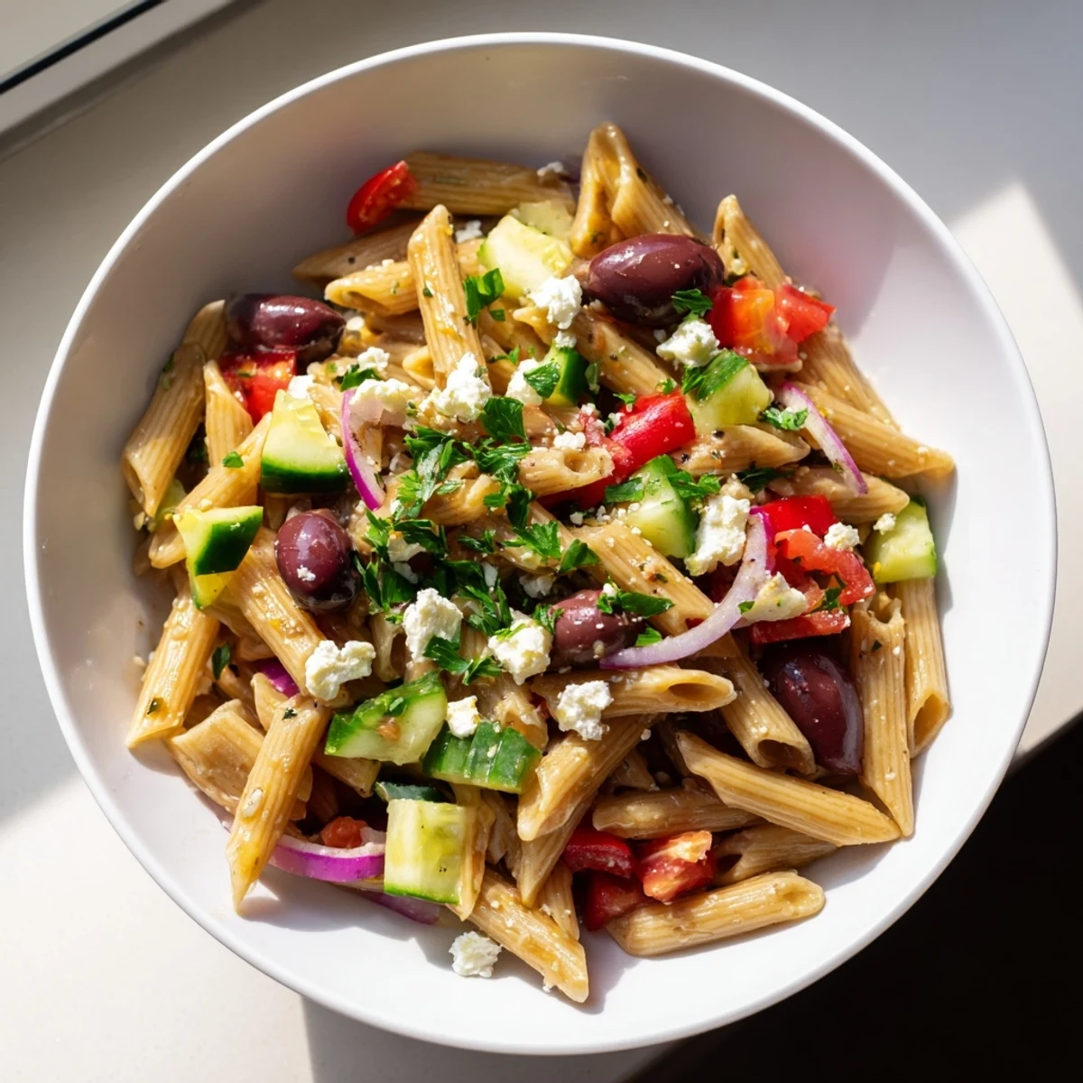 Freshly tossed Mediterranean Pasta Salad with Kalamata olives, cucumbers, and a zesty vinaigrette, served in a white bowl.