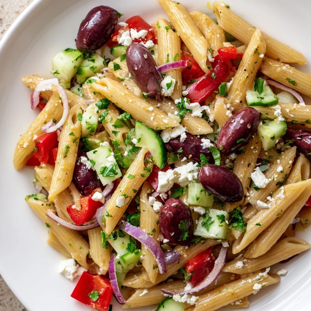 A bowl of Mediterranean Pasta Salad with Olives and crumbled feta, tossed with crisp bell peppers and tomatoes.
