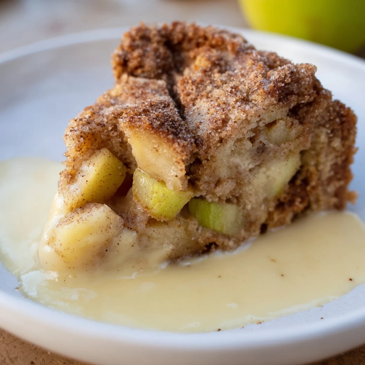 Slices of Irish Apple Cake with Custard on a white plate, showcasing a golden sugar crust and tender apple chunks.