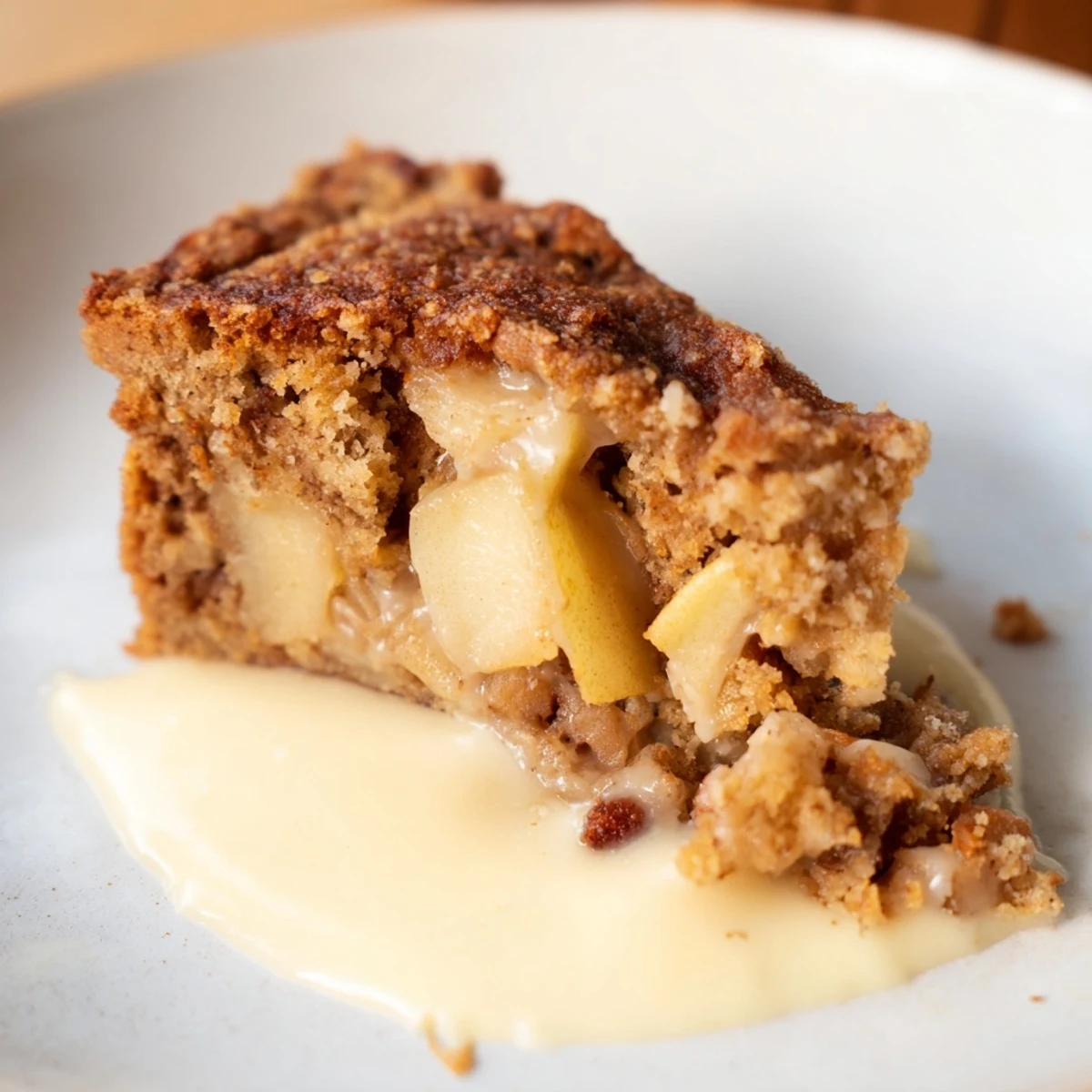Warm Irish Apple Cake with Custard drizzled over spiced cake, served alongside a steaming cup of tea.