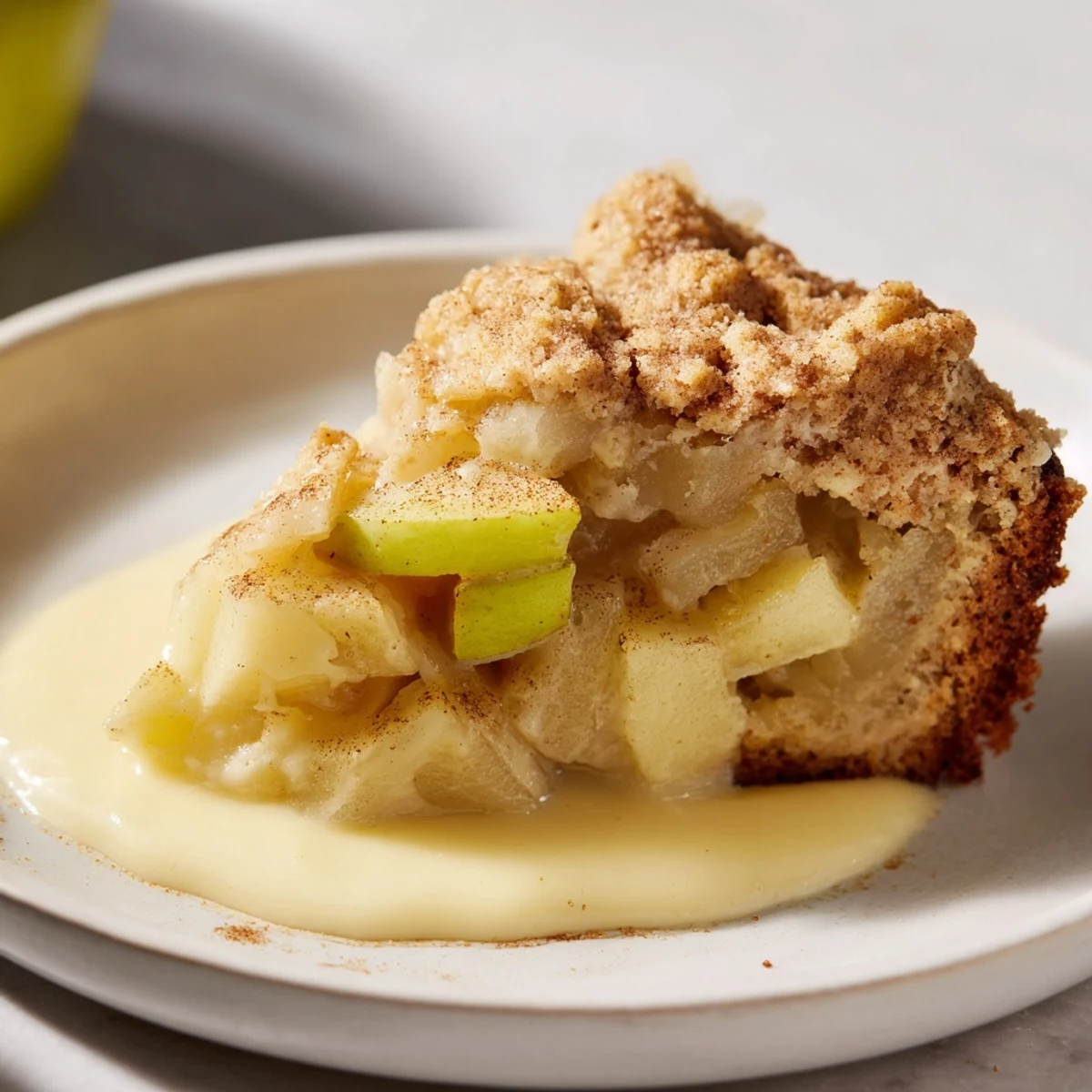 Rustic Irish Apple Cake with Custard plated with powdered sugar, perfect for an authentic afternoon tea dessert.