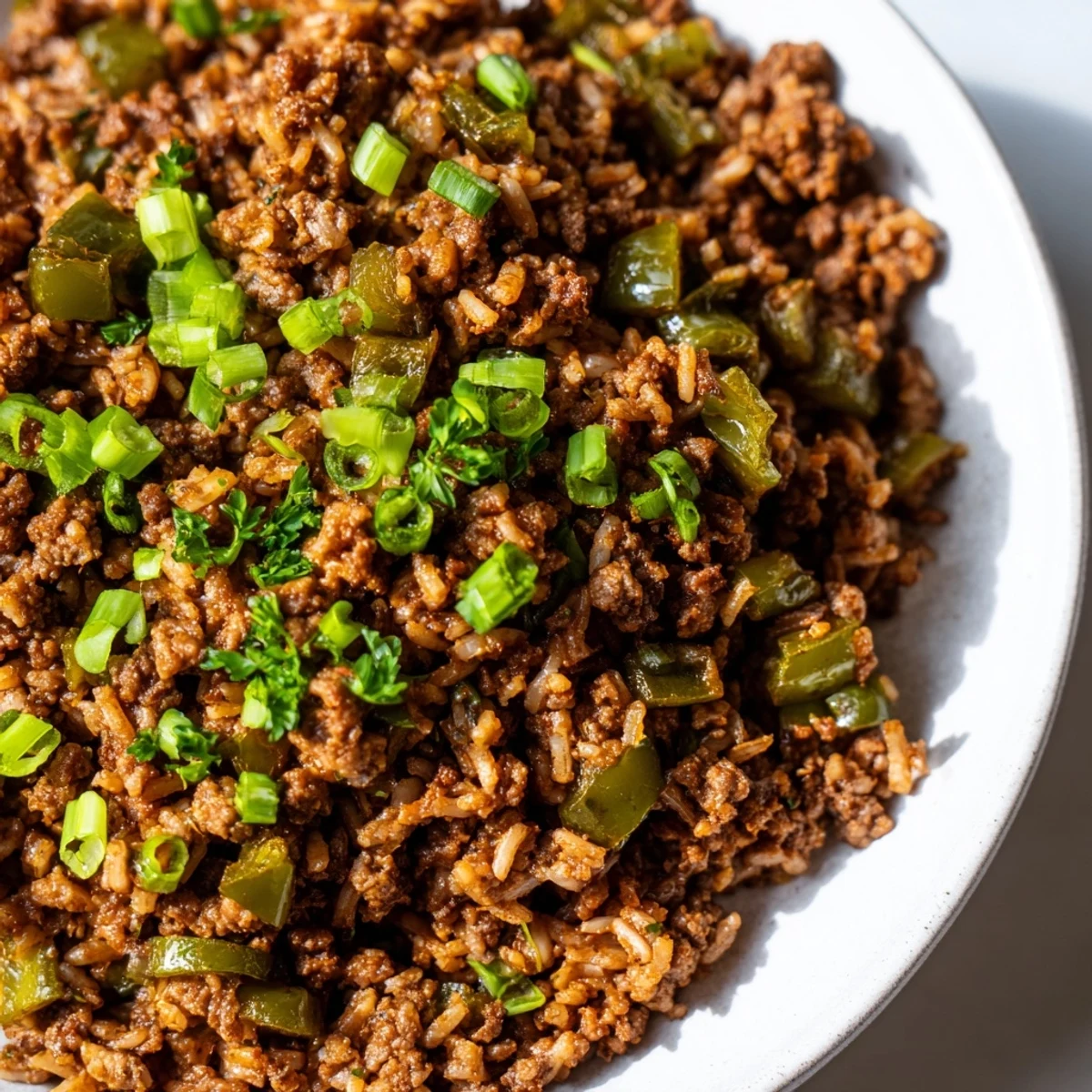 A close-up of Cajun Dirty Rice with Ground Turkey highlights juicy turkey and aromatic celery in a seasoned, hearty skillet.  