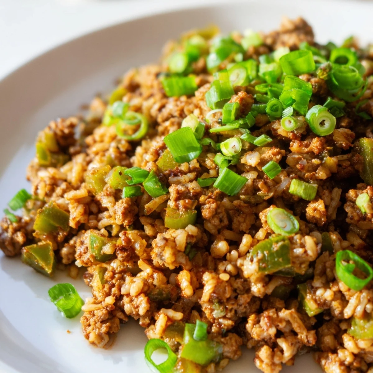 Steaming Cajun Dirty Rice with Ground Turkey showcases fluffy rice mixed with sautéed bell peppers and savory turkey.  