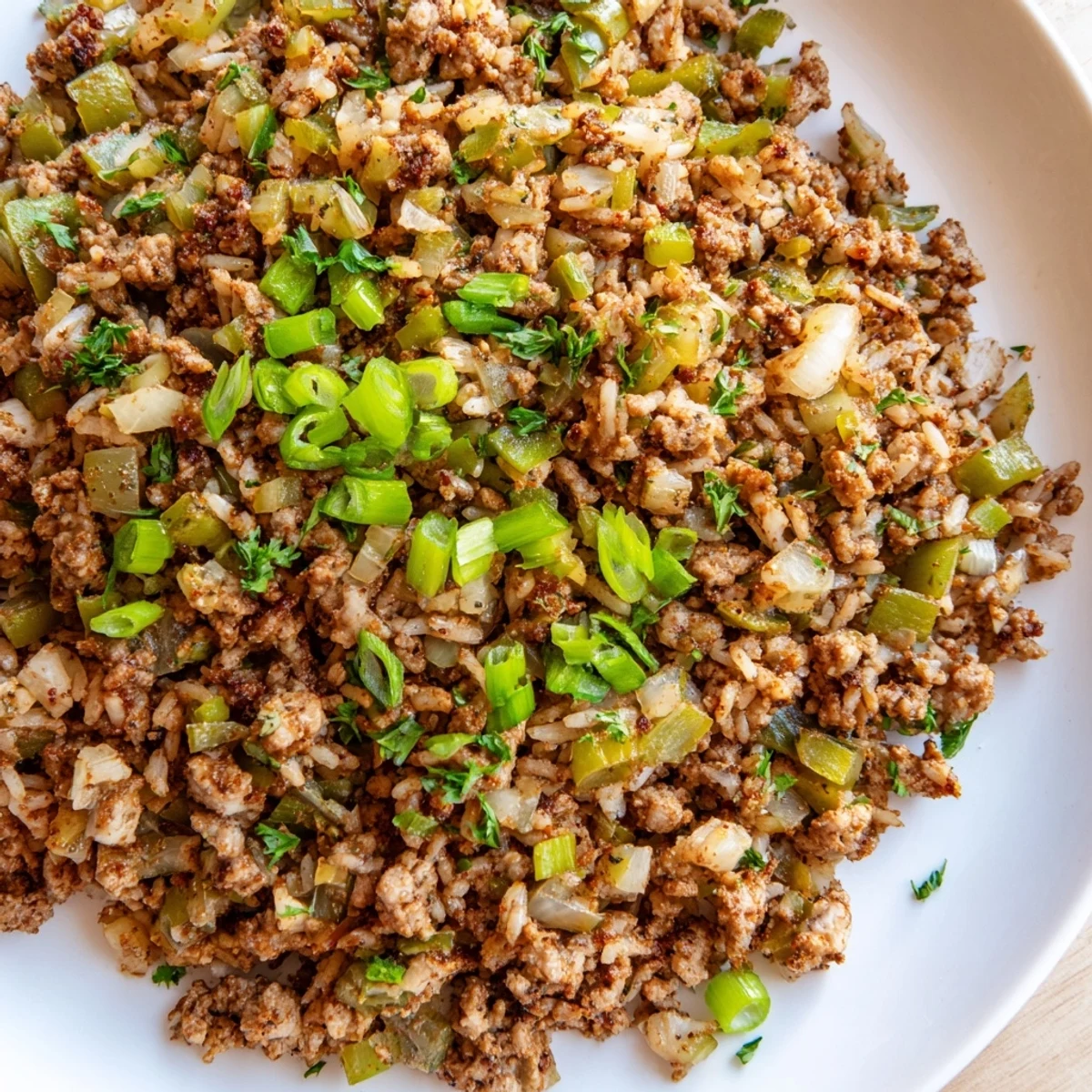 Garnished Cajun Dirty Rice with Ground Turkey served with green onions, ready to enjoy as a spicy Southern main dish.