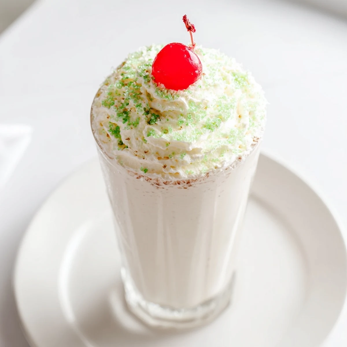 Two tall glasses of Shamrock Shake with Whipped Cream, featuring a vibrant green minty shake crowned with fluffy white whipped cream and green sprinkles. 