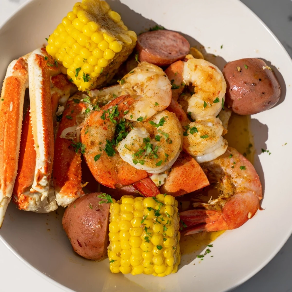 Golden shrimp, crab legs, and andouille sausage mingle with tender potatoes and sweet corn on a platter, drenched in a zesty Creole Seafood Boil broth.  