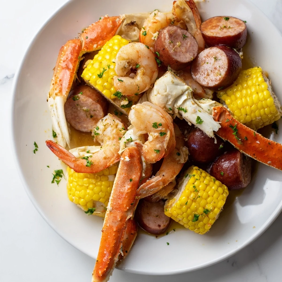 Steam rises from a rustic platter of Creole Seafood Boil, showcasing plump shrimp, cracked crab, and buttery andouille with lemons and parsley.