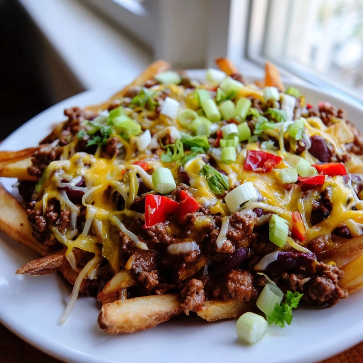 Golden crispy fries topped with hearty halal beef chili and melted cheddar, ready for game day.  