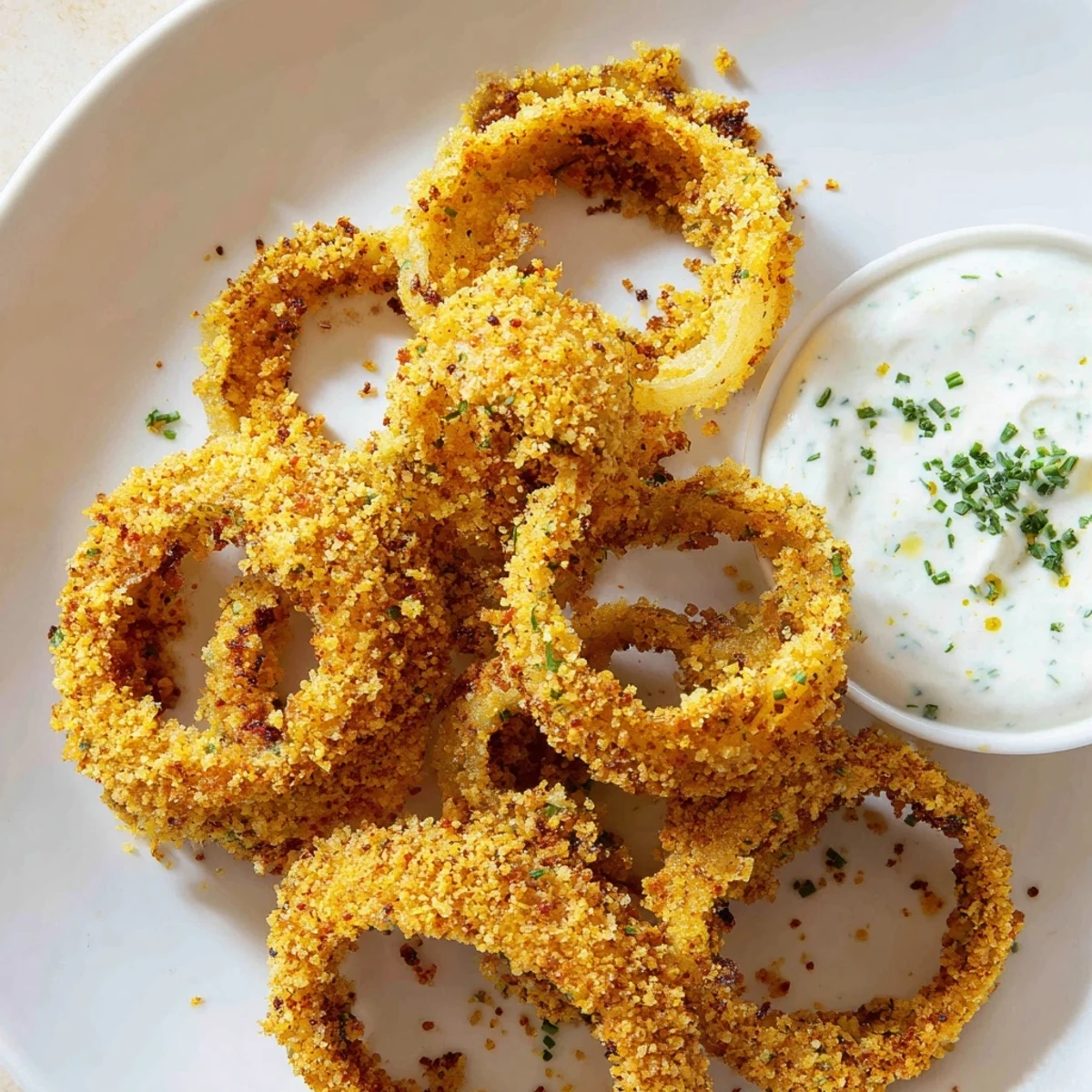 A close-up of crunchy Touchdown Crispy Onion Rings next to a small bowl of homemade ranch dressing, ideal for snacking.