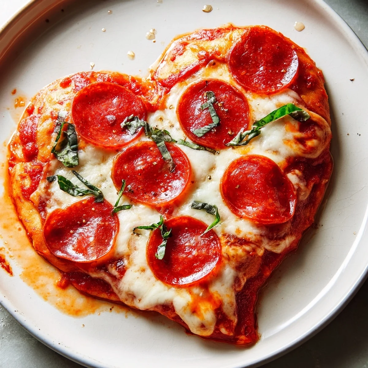 Freshly baked Heart-Shaped Halal Pepperoni Pizza cut into wedges, revealing gooey melted cheese and zesty tomato sauce on a rustic table.
