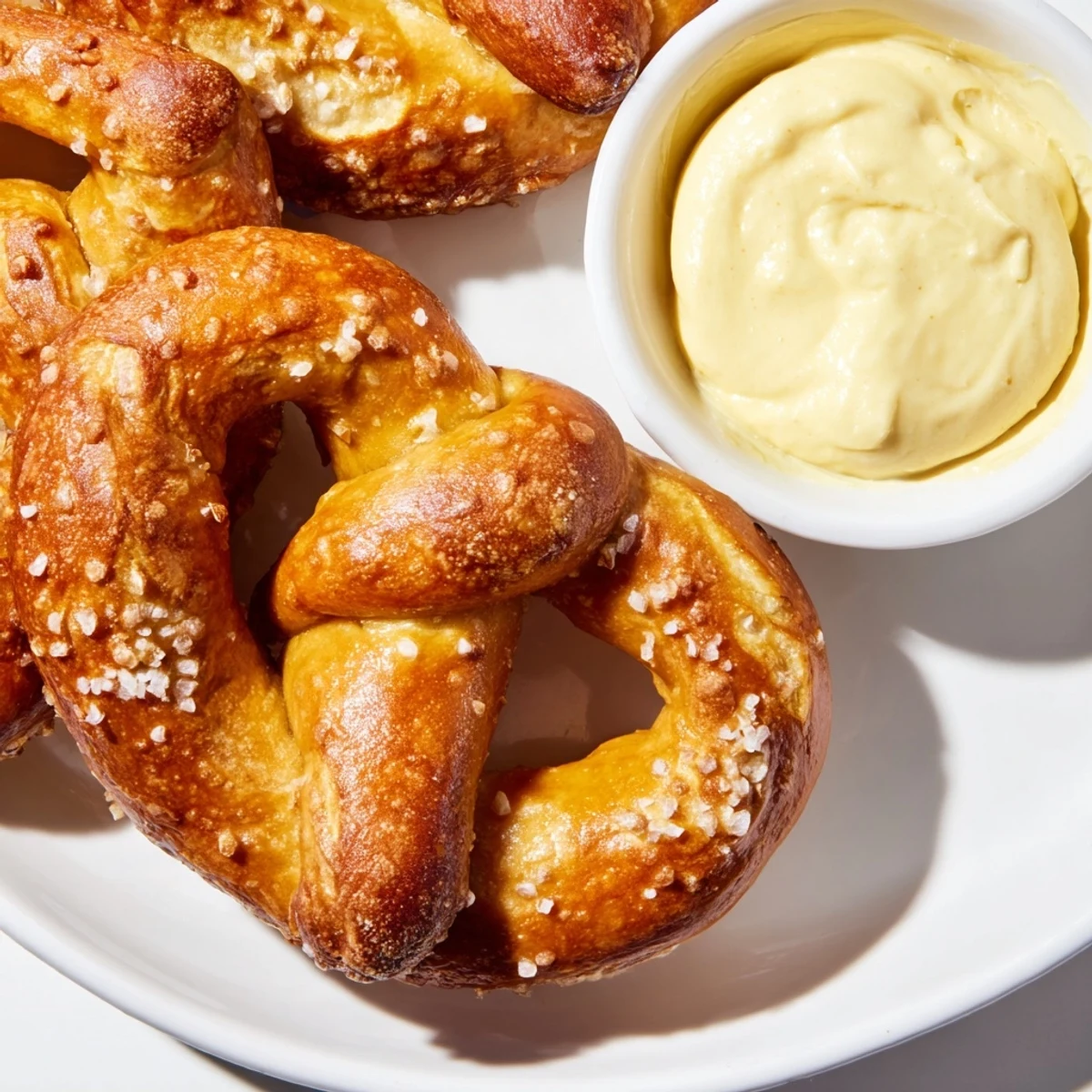 Golden-brown, salt-sprinkled Game Day Soft Pretzels with Cheese Dip displayed on a wooden serving board, accompanied by a small bowl of creamy dip.  