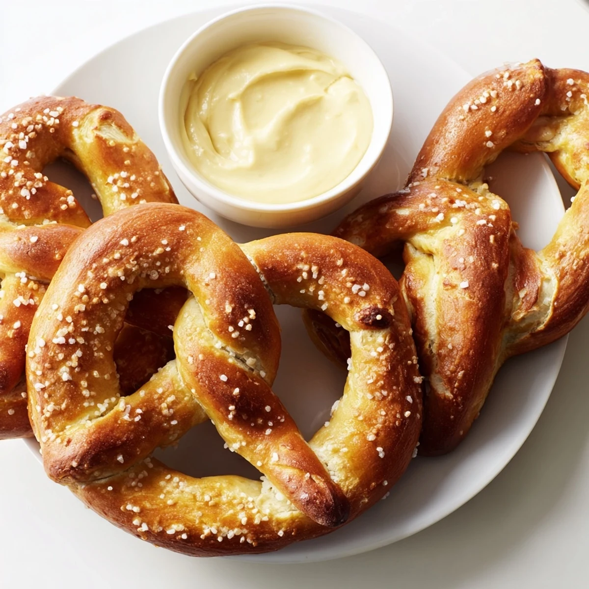 Golden Game Day Soft Pretzels with Cheese Dip served warm, pretzels brushed with egg wash beside a bowl of creamy, melty cheese dip.