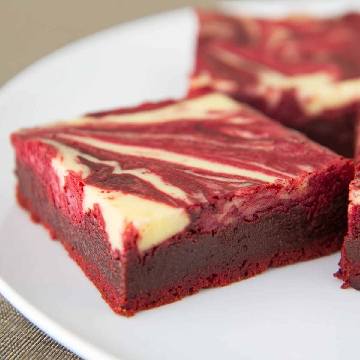 Freshly baked Red Velvet Brownies with Cheesecake Swirl, showcasing a rich, fudgy texture and vibrant marbled swirls on a white plate.