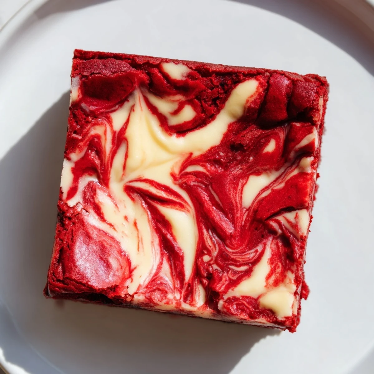 Slice of Red Velvet Brownies with Cheesecake Swirl, revealing moist crumb, creamy filling, and glossy chocolate drizzle on a rustic wooden board.