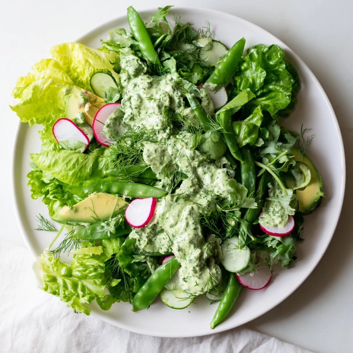 Bowl of Green Salad with Green Goddess Dressing featuring crisp greens, cucumber, snap peas, and creamy avocado slices.