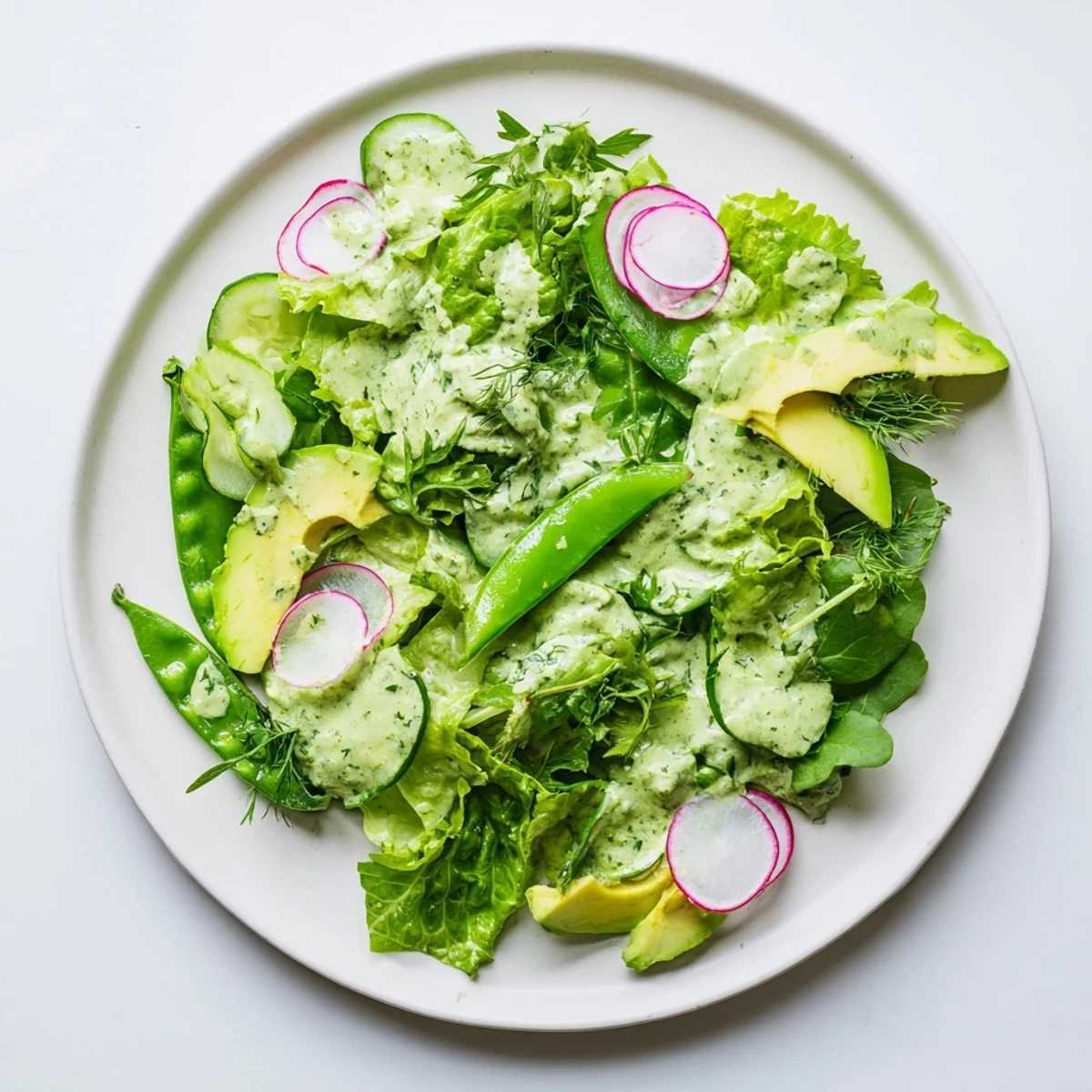 A vibrant Green Salad with Green Goddess Dressing is tossed in a white bowl and drizzled with creamy dressing.