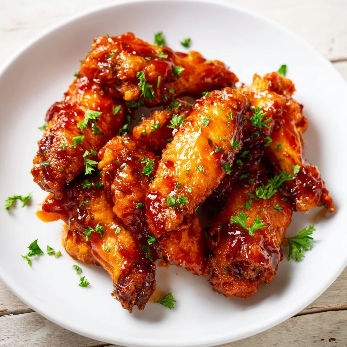 Golden brown Big Game Wing Platter with BBQ Sauce on a platter with parsley garnish.