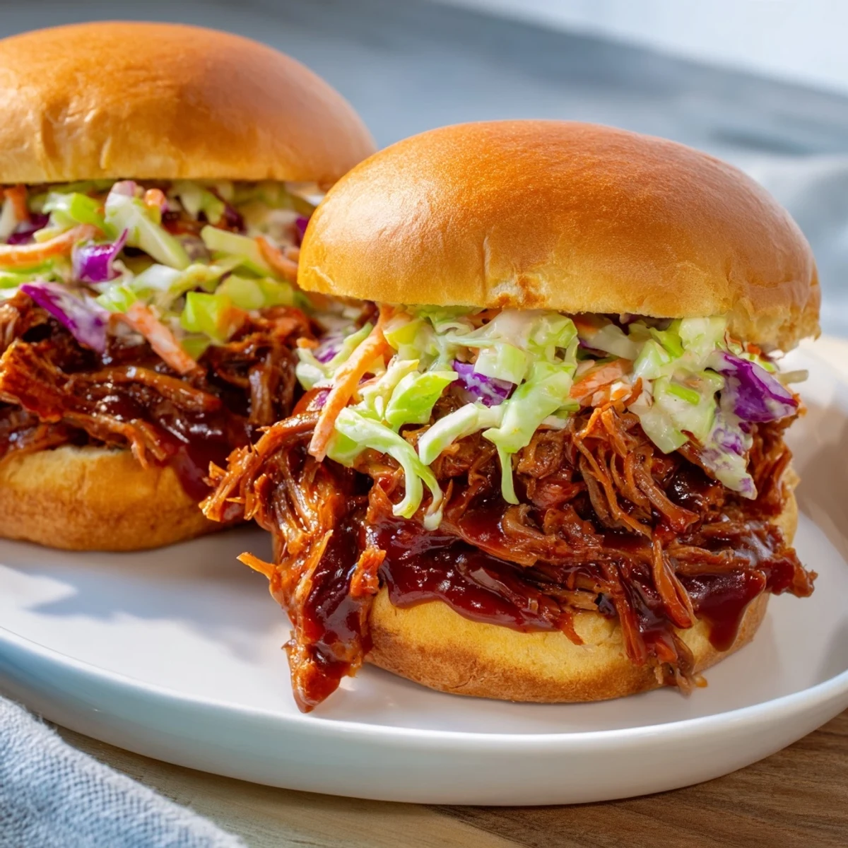 Golden slider buns stuffed with tender barbecue Tailgate Pulled Beef Sliders and crisp slaw.