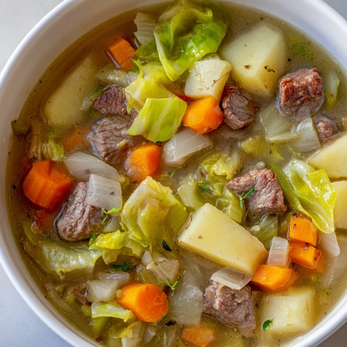 Close-up of a hearty St. Patrick's Day cabbage and beef soup bowl with chopped green cabbage and diced Yukon Gold potatoes. 