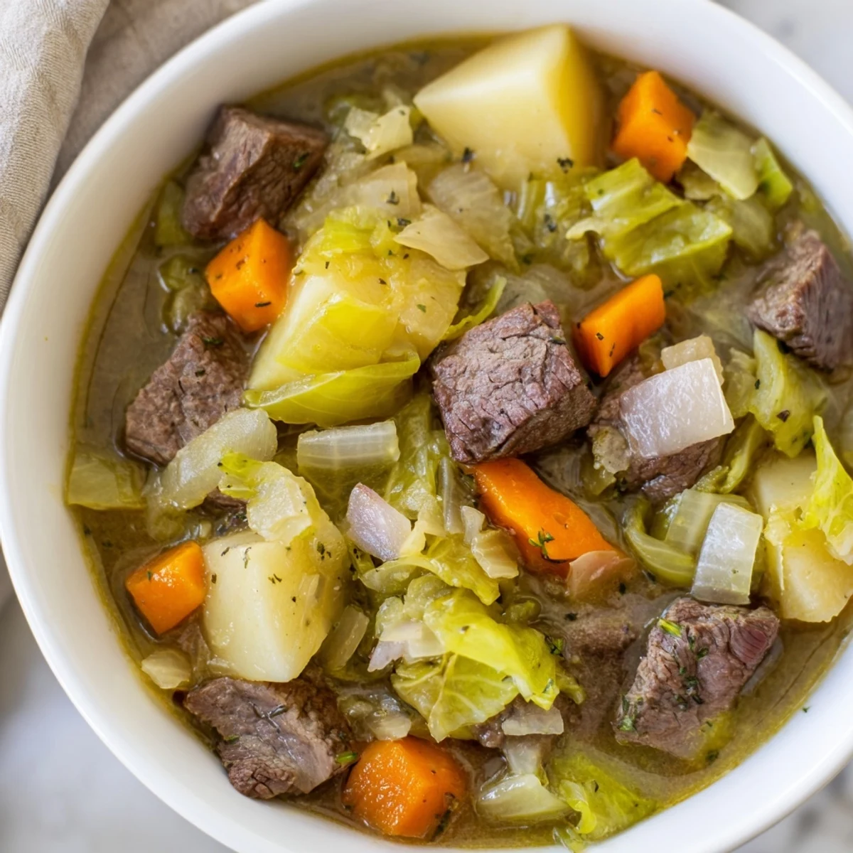 Steaming St. Patrick's Day cabbage and beef soup in a rustic pot, featuring tender beef, potatoes, and carrots in a savory broth. 