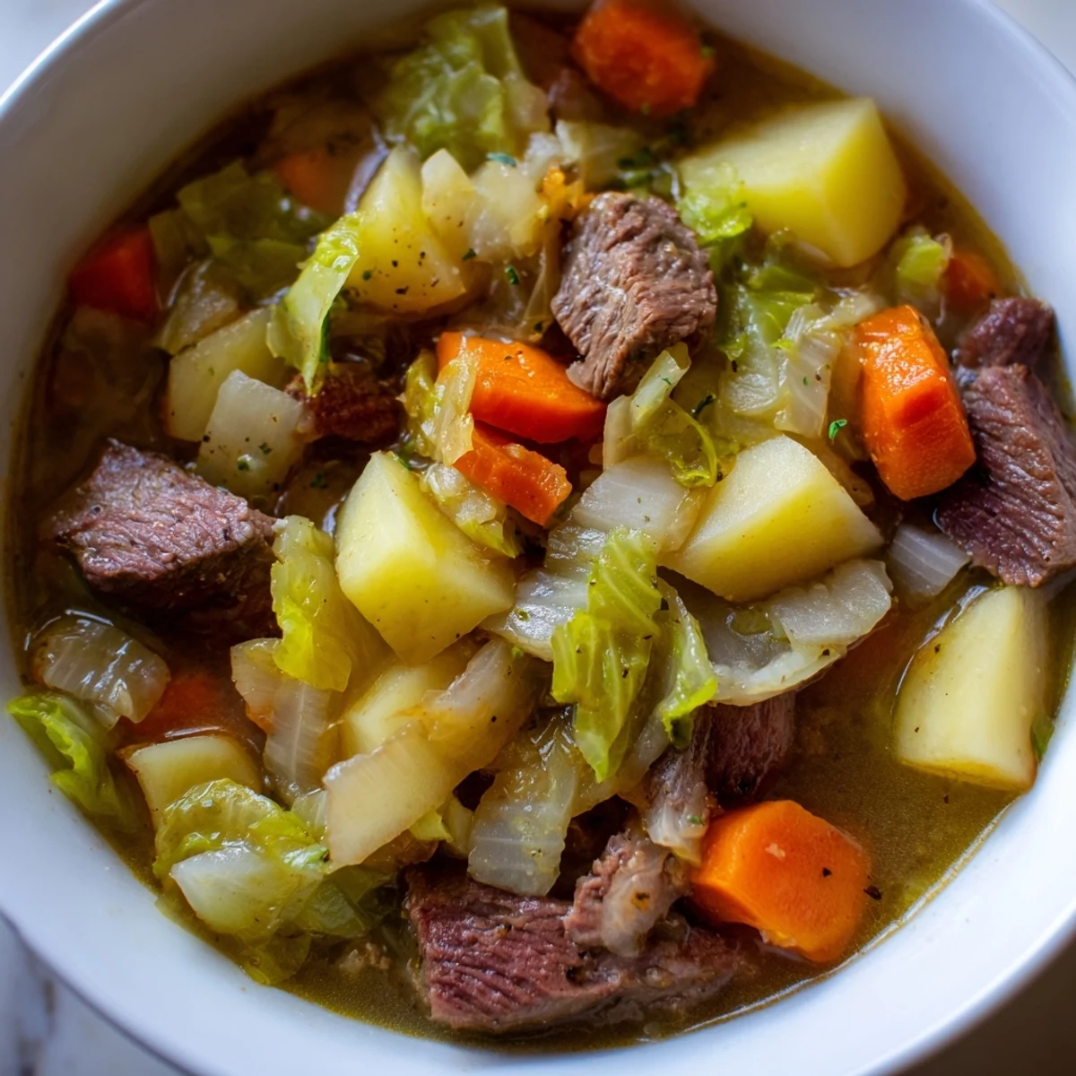 Serving St. Patrick's Day cabbage and beef soup in a cozy kitchen, garnished with fresh parsley and a slice of crusty bread.